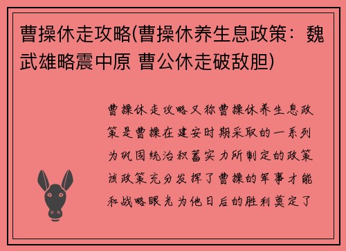 曹操休走攻略(曹操休养生息政策：魏武雄略震中原 曹公休走破敌胆)